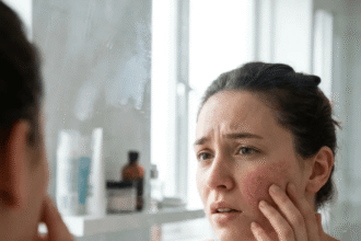 Woman with red, irritated skin showing signs of sensitivity