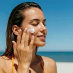women applying sunscreen on beach which is causing wite cast to her skin.