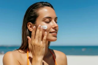 women applying sunscreen on beach which is causing wite cast to her skin.