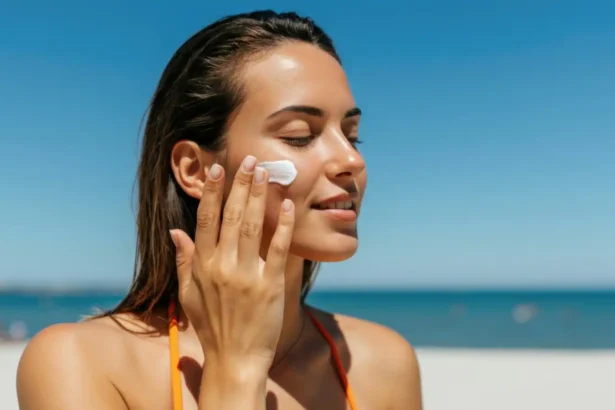 women applying sunscreen on beach which is causing wite cast to her skin.