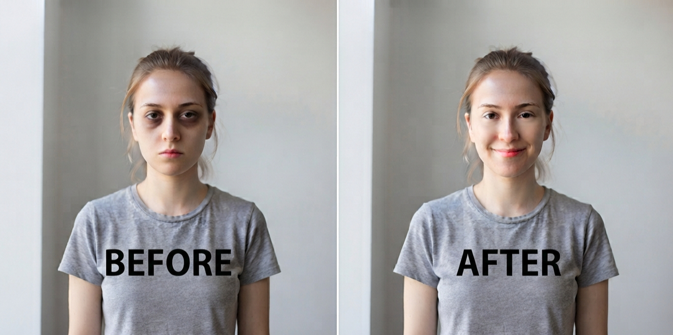 girl before dark circles and after treatment, without dark circle.