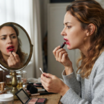 Girl applying lipstick which is bleeding