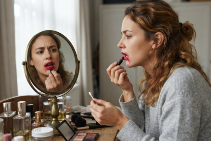 Girl applying lipstick which is bleeding