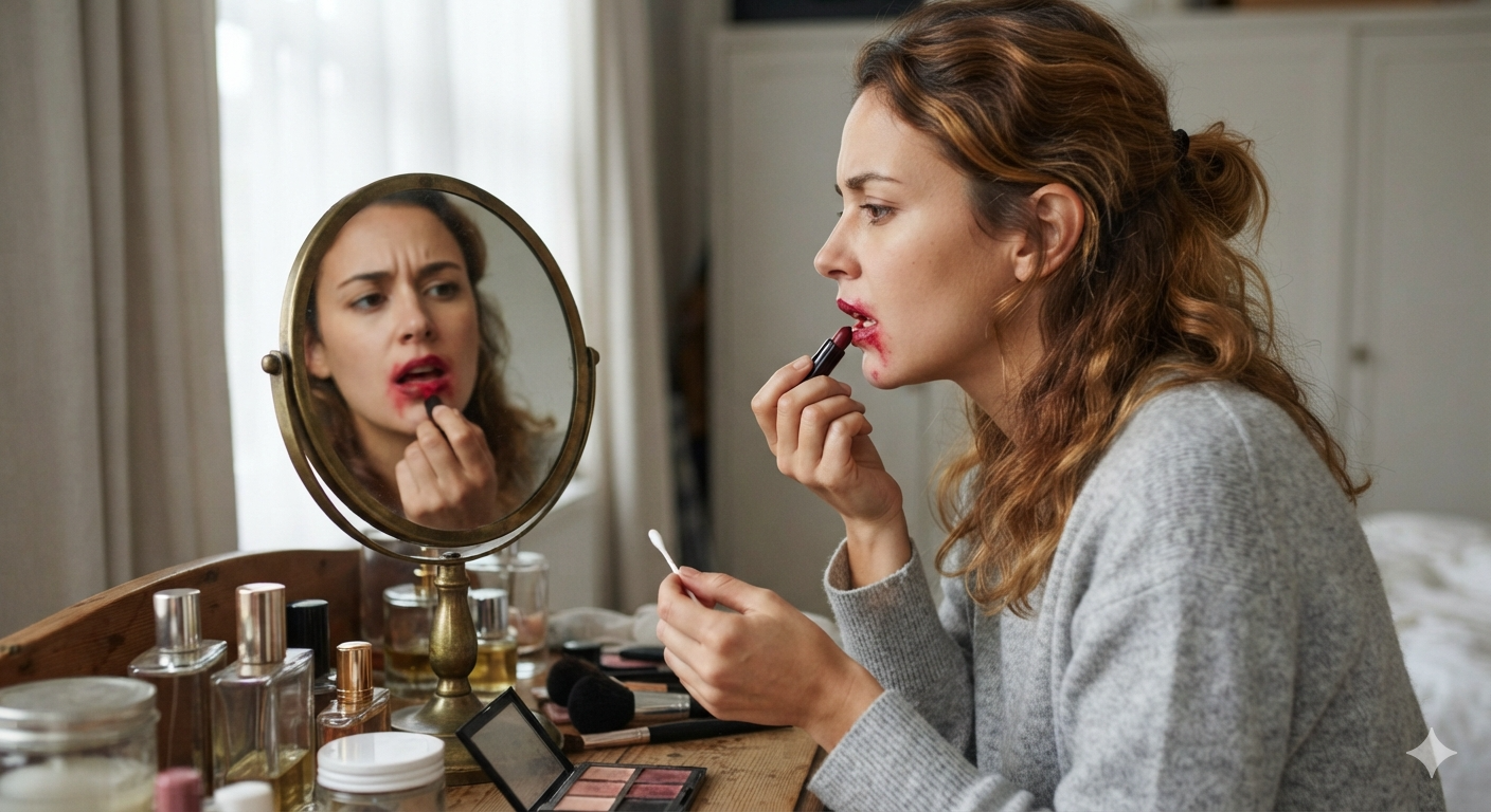 Girl applying lipstick which is bleeding