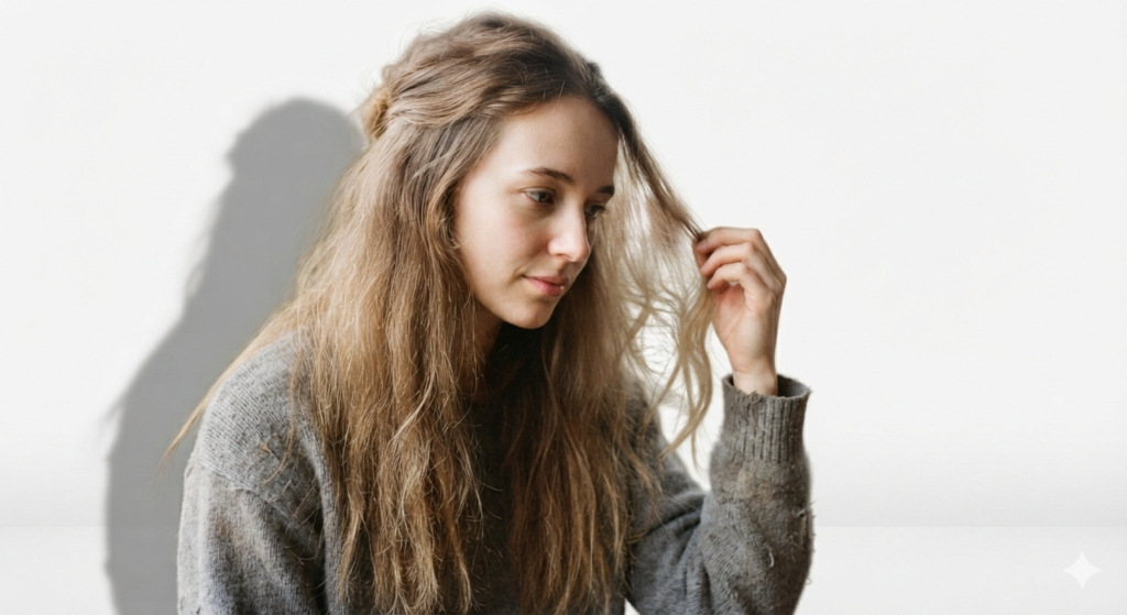 Girl holding her hairs dry ends while her hair root are oily.