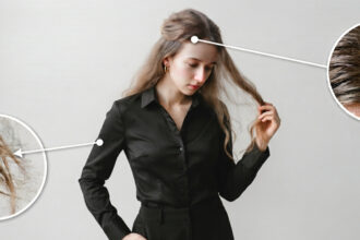Girl with problem of oily roots and dry ends hair.
