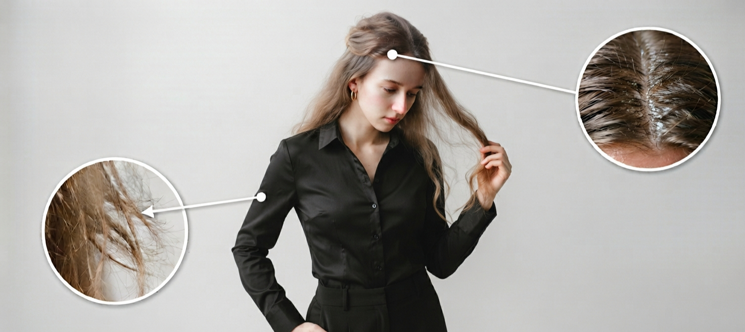 Girl with problem of oily roots and dry ends hair.