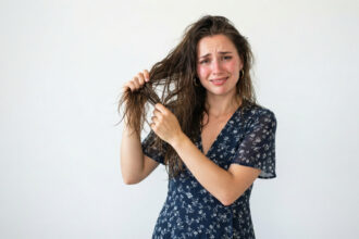 Girl standing holding her very greasy hairs due to excessive oil.