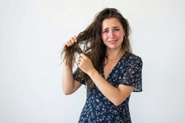 Girl standing holding her very greasy hairs due to excessive oil.
