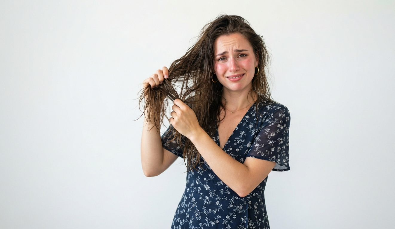 Girl standing holding her very greasy hairs due to excessive oil.