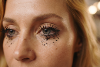 Mascara flakes when girl applied it on her eye lashes