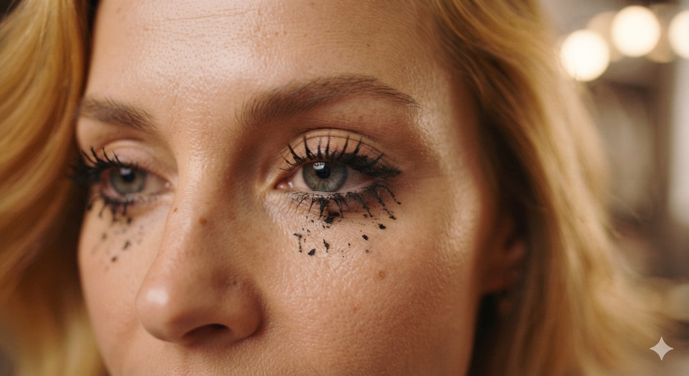 Mascara flakes when girl applied it on her eye lashes