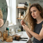 girl with straw like hair due to protein overload caused by using hair mask.