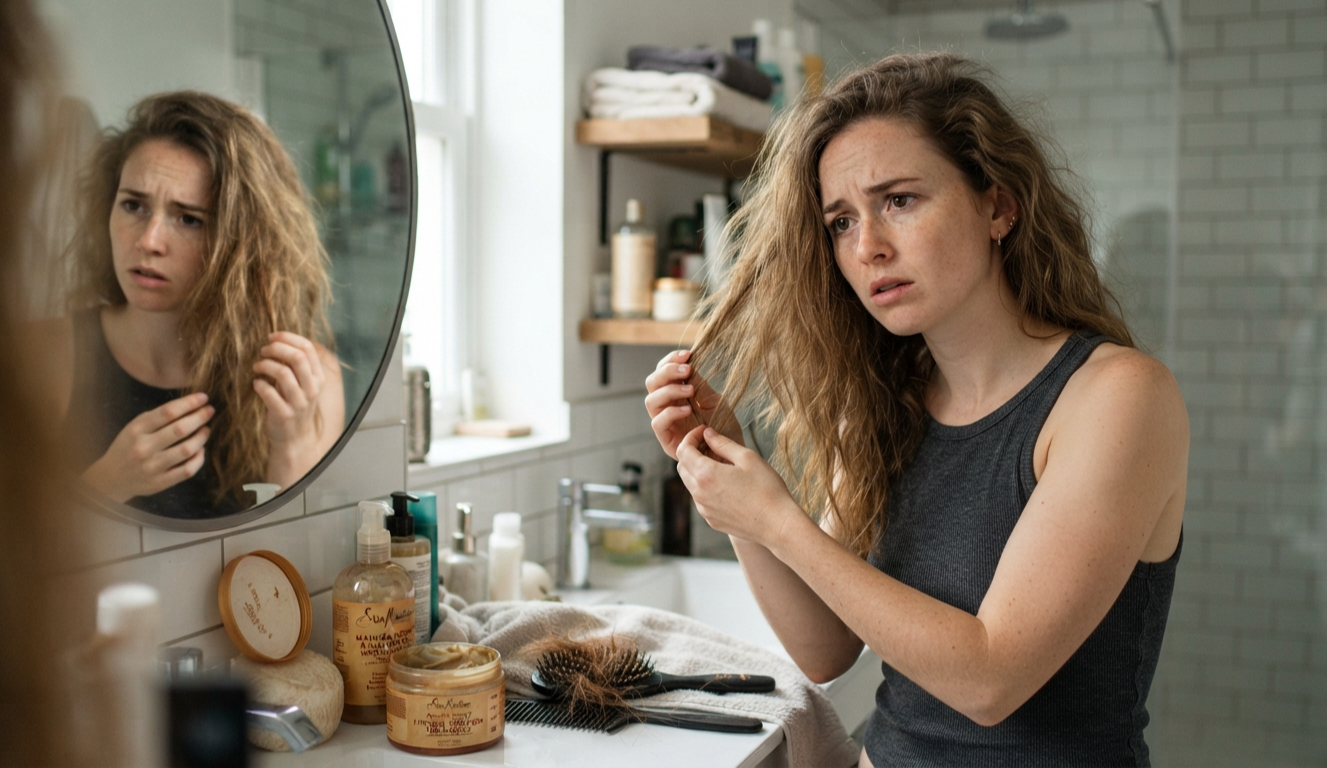girl with straw like hair due to protein overload caused by using hair mask.