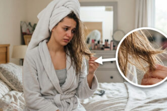 Girl holding her damaged hairs which are irreparable.