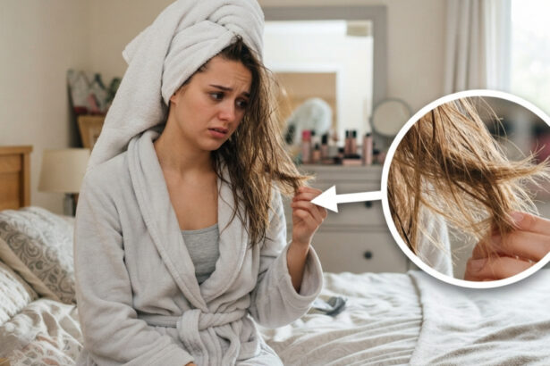 Girl holding her damaged hairs which are irreparable.