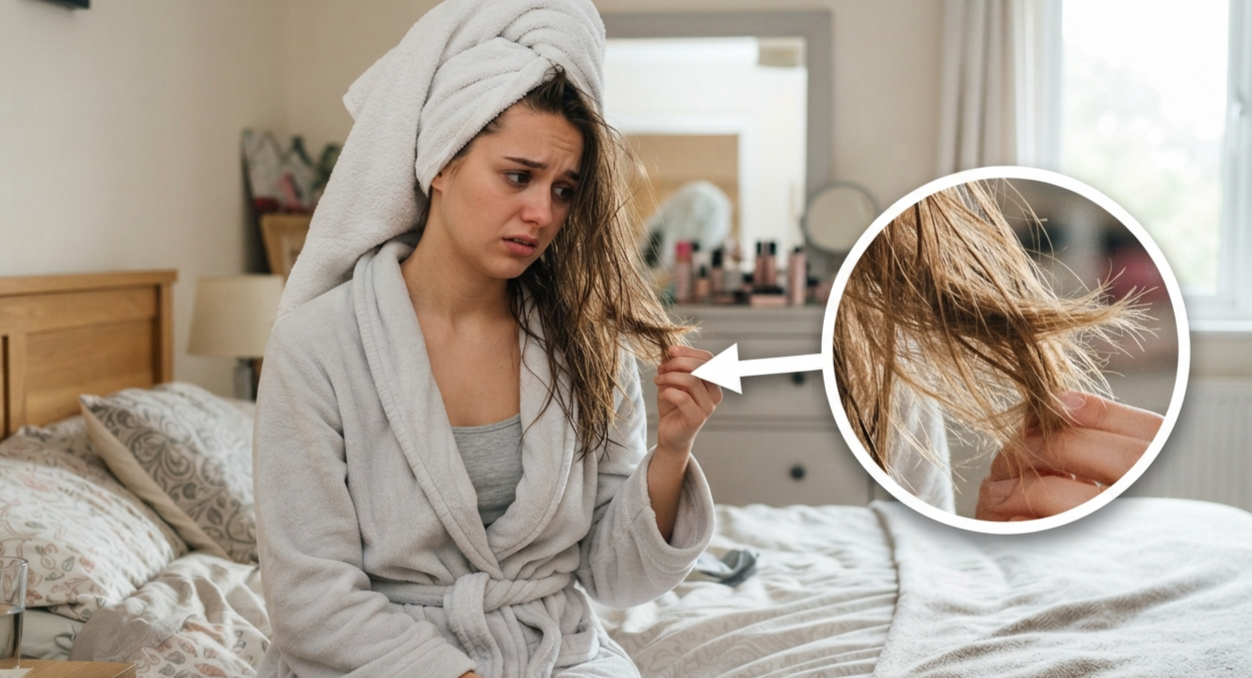 Girl holding her damaged hairs which are irreparable.